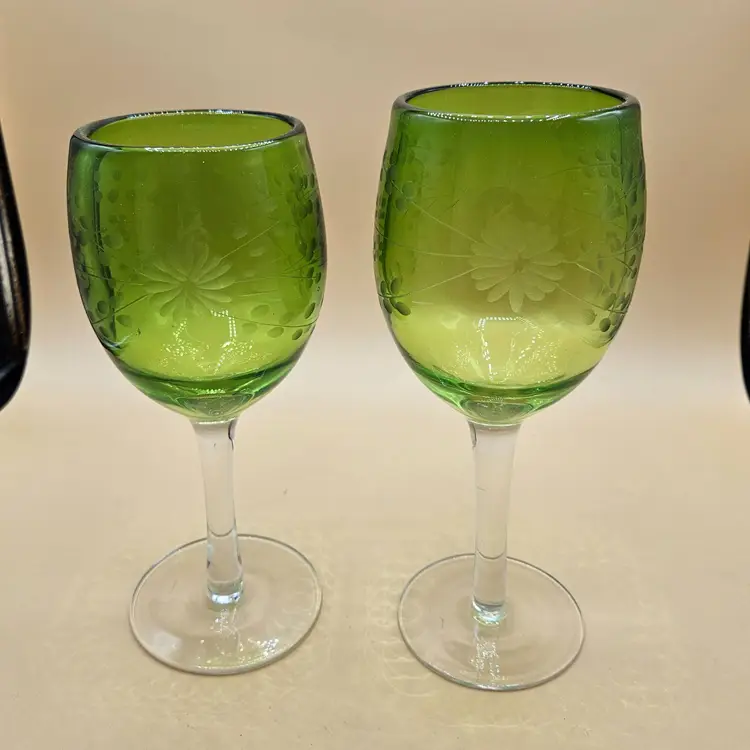 2 Green Glass Floral Etched Hand Crafted Wine Goblet Glasses 8 3/8" & 8 7/8"