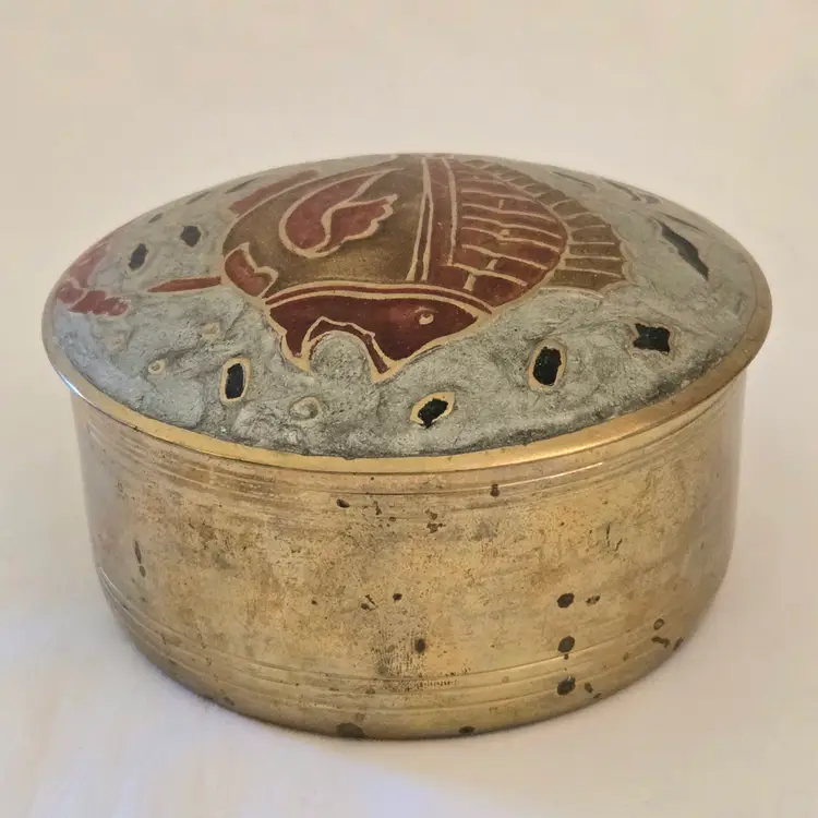Fish Trinket Box Enameled Solid Brass Lidded 3⅝" Diameter Vintage made in India