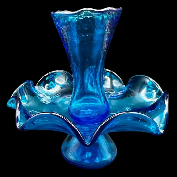 #343B Vintage MCM Cobalt Blue Glass Single Epergne Bud Vase With Ruffled Rim Bowl