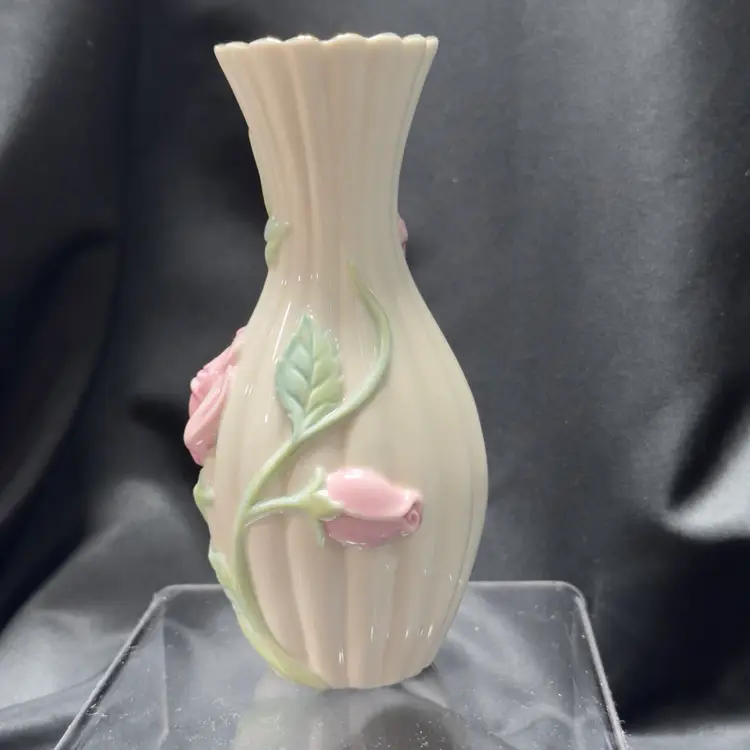 #1633 Vintage Lenox Porcelain Bud Vase Pink Tea Roses Green Leaves Ribbed Hand Crafted