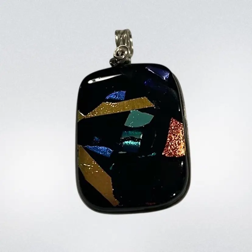Handmade Fused Art Glass Wire Wrapped Silver Tone Dichroic Pendant | 1.75”