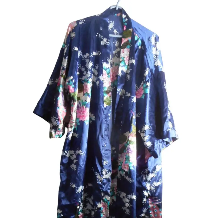 Sapphire Blue Satiny Robe Pink Peacock Kimono Lingerie One size