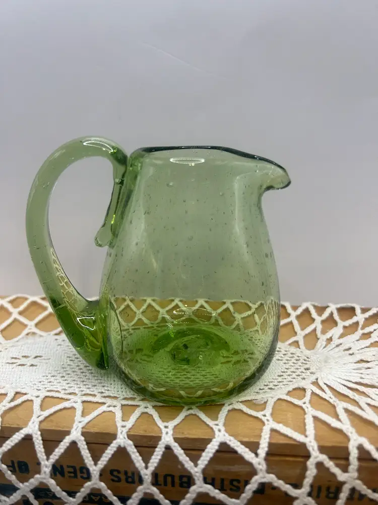 Green glass handblown, mini picture creamer