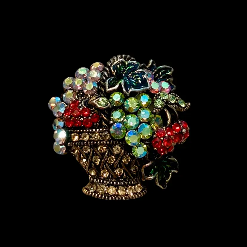 Vintage Domed BronzeTone  Aurora Borealis Rhinestone Grapes & Cherries Fruit Basket Brooch, 1.2”