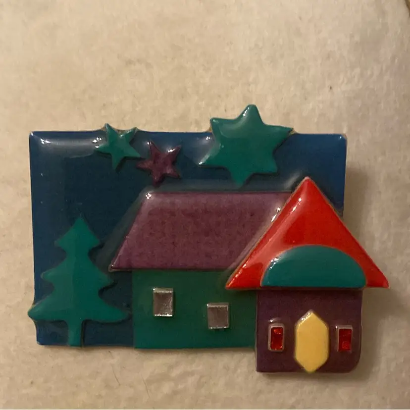 Lucinda House Pin - Navy Blue Sky With Green And Purple Stars.  Green Tree And Two Houses With The Windows Bejeweled. Please Read Description.