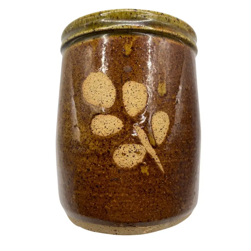 Nancy Bodmer Stoneware Studio Pottery 5.5” Jar, Glazed w/Natural Flower, Signed