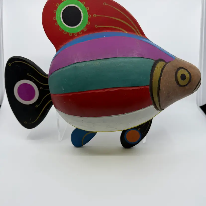 Hand Carved Artist, Signed D Castro, Wood And Natural Fruit Shell Tropical Fish Sculpture Wall Decor