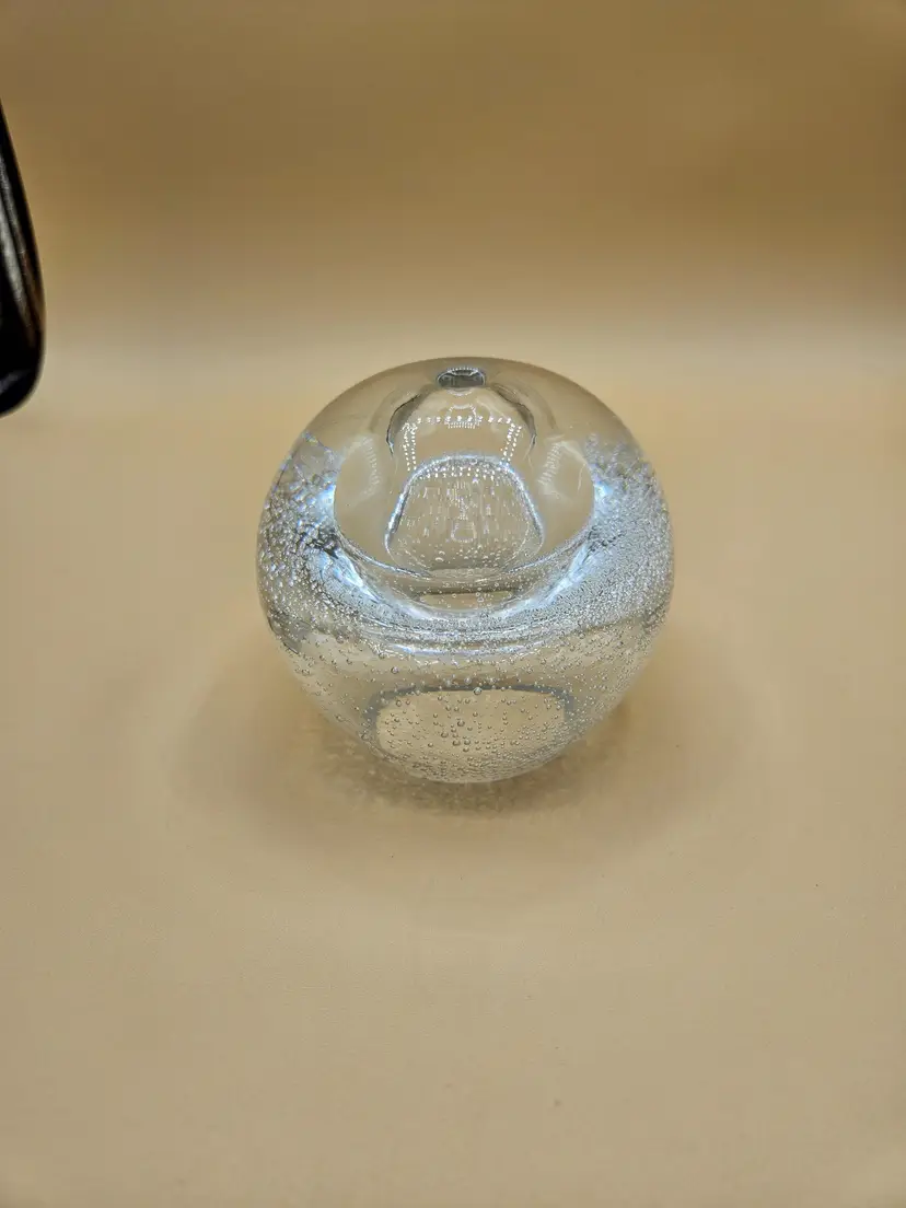 Clear Round 3.75"H Art Glass Bubble Paperweight, Bud Vase, Oil Lamp, Tiny Scratch, Poland