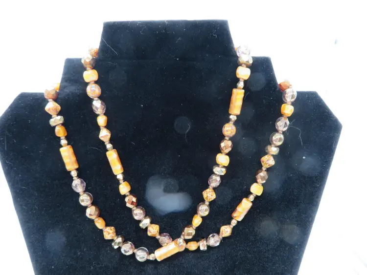 Vintage Single strand Brown Stone and Metalic color beads 15.5" long