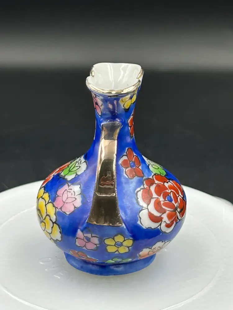 Multi Floral To Handle Mini Blue Vase With Gold Accents