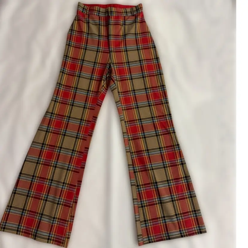 Free People Sz 6 UK 10 Plaid Jules Pants Flare Leg High Waisted  Zip Closure