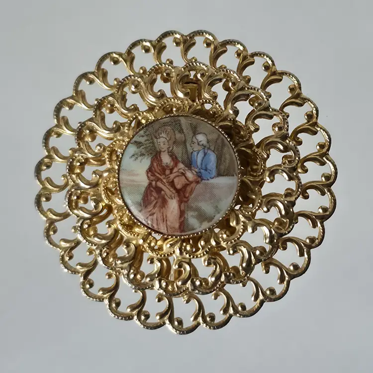 Vintage Gold Tone Filigree Porcelain Courting Couple Brooch