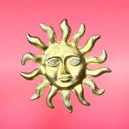 Vintage Avon Celestial Sun Gold Tone Brooch, Rhinestone Eyes READ