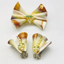 Enamel Bow Brooch And Earrings Set Gold Cream Brown Tone Vintage Creations Boxed 11976