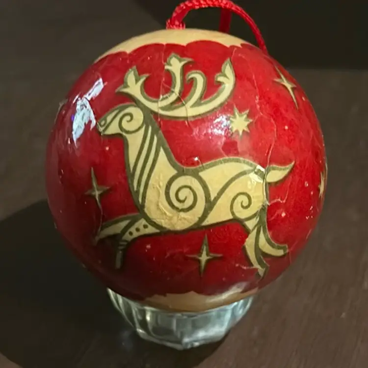 Paper Mache Christmas Ornament Red With Reindeer