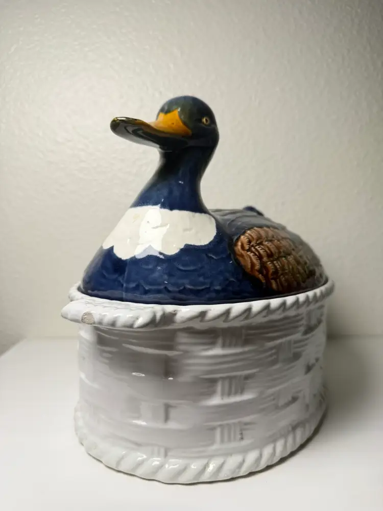 Vintage Portugal Mallard Duck Tureen Covered Ceramic Dish Basket Weave 11"