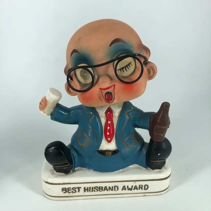Vintage 70's Japan Best Husband Award Winky Bobble Head Ceramic Desk Figure