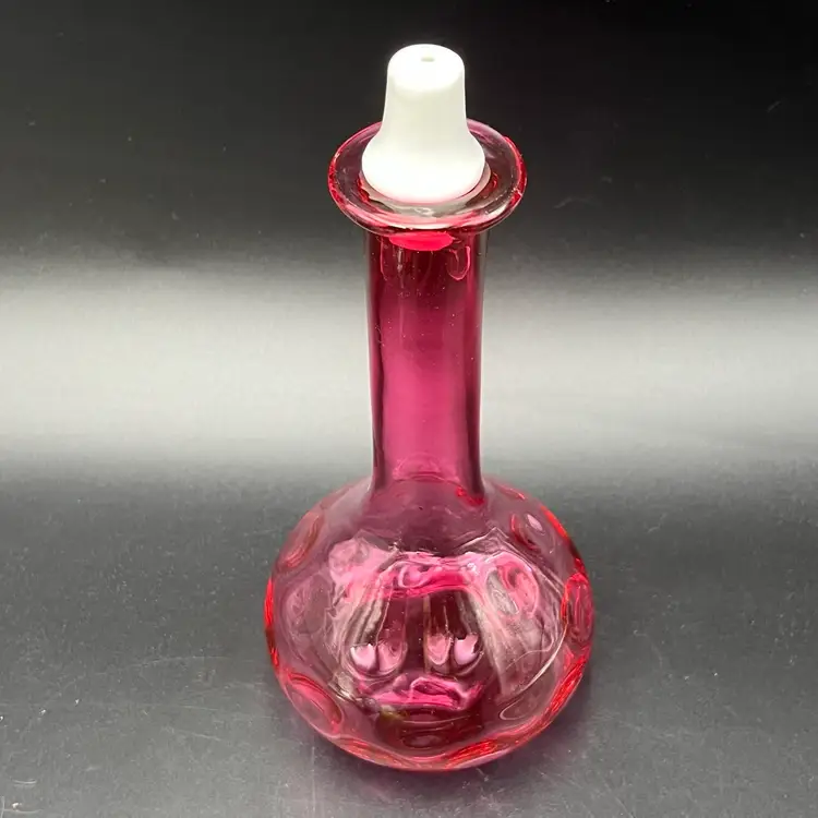 FENTON Vtg MCM Art Glass Cranberry Thumbprint Coinspot Barber Bitters Bottle