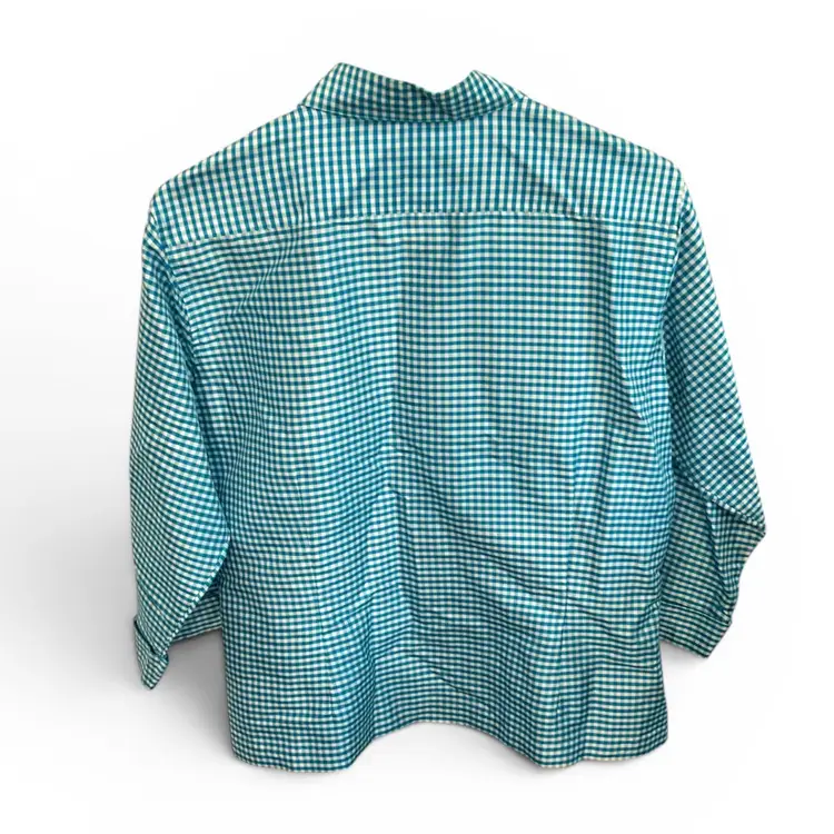 SavvyWear Women’s Petite Small Teal And White Checkered Button Down Shirt