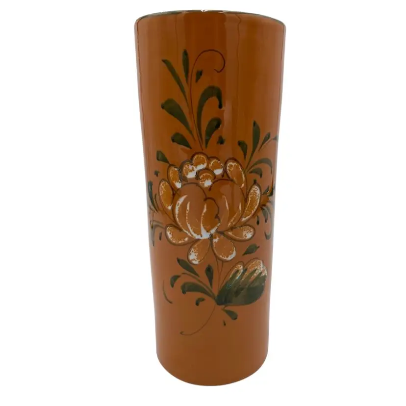 Vintage Italian Art Pottery Cylinder Vase, Orange w/white & green floral, 9.8"