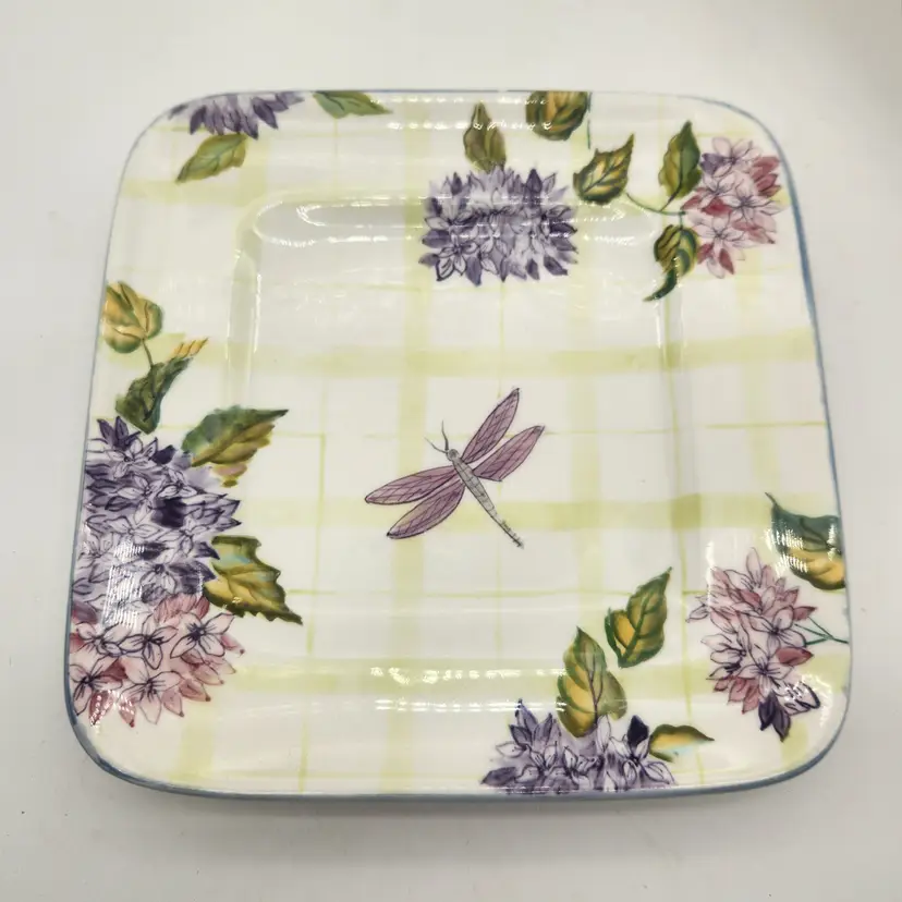 Zrike Hand Painted 8" Square Ceramic Plate Dragonfly Hydrangea Gingham Plaid 8in