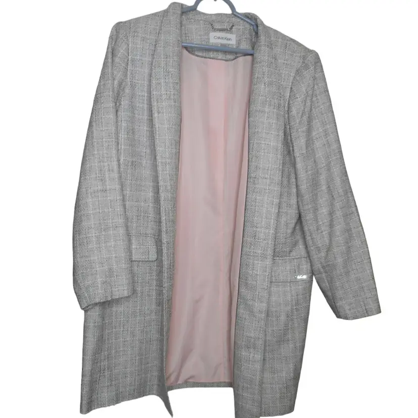 NWOT Calvin Klein Open Front Topper Jacket Size 16W Long Blazer Grey Check Lined