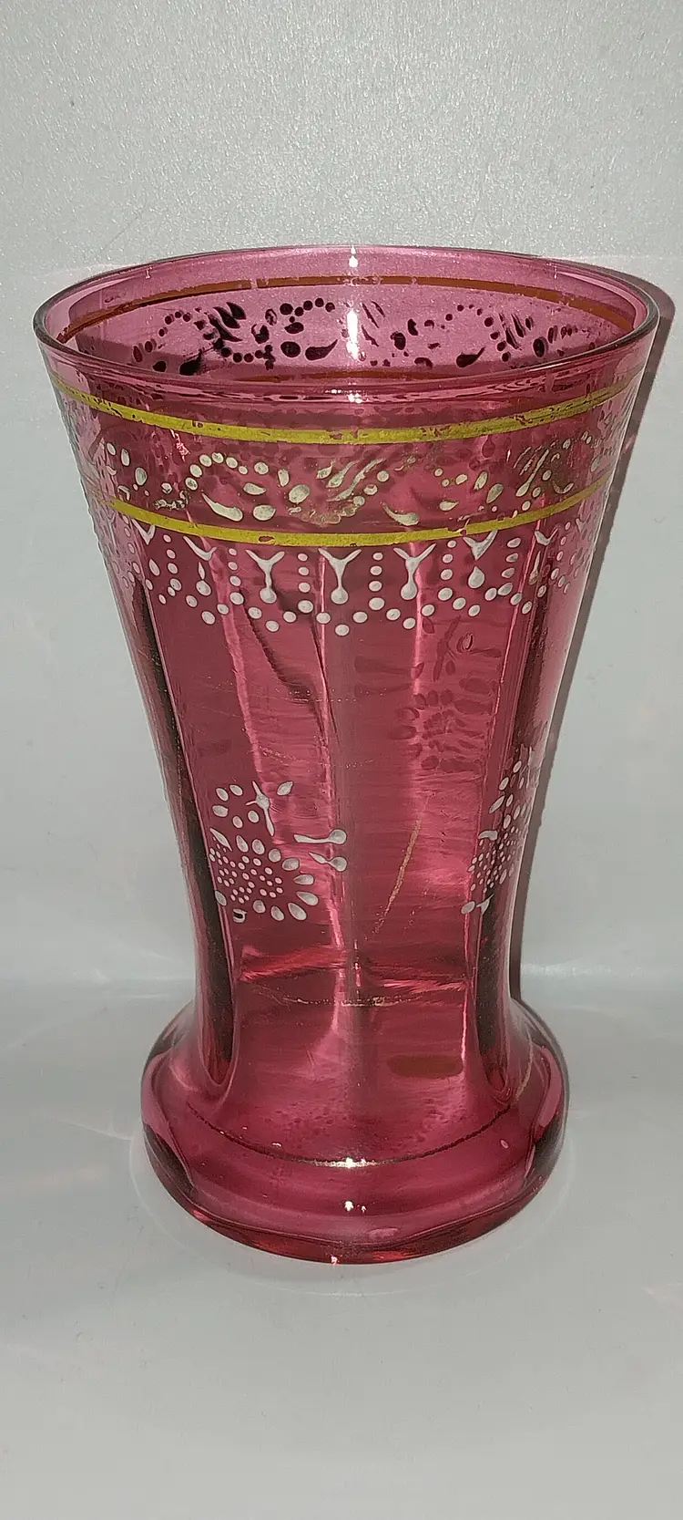 Bohemian Antique Victorian Cranberry Optic Panel Glass Vase With Gold & White Enamel Decor