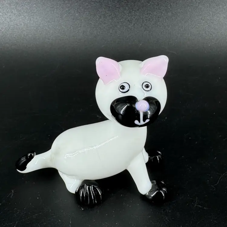 Vintage Milk Glass with Pink Black Glass Accent Cat Figurine
