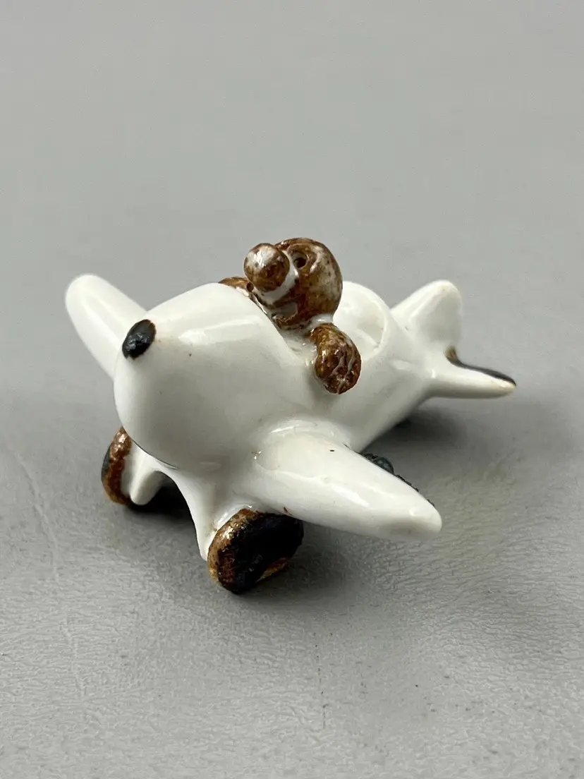 Vintage Miniature Ceramic Airplane 2" Figurine With Pilot White Brown Retro Decor