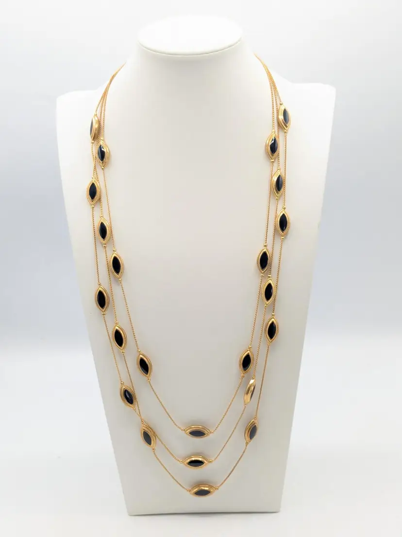 Vintage Gold Tone with Black Accents Triple-Strand Necklace