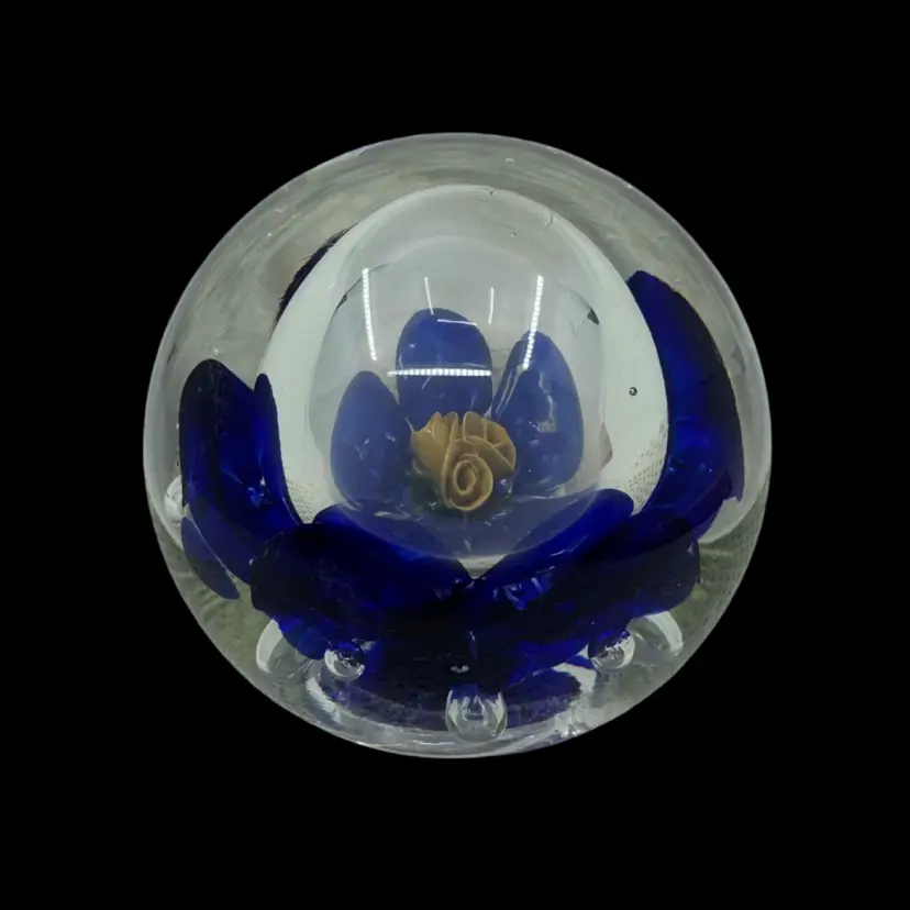 Glower!!! Zimmerman Art Glass Paperweight, Yellow Flowers Inside Internal Bubble, Cobalt Base