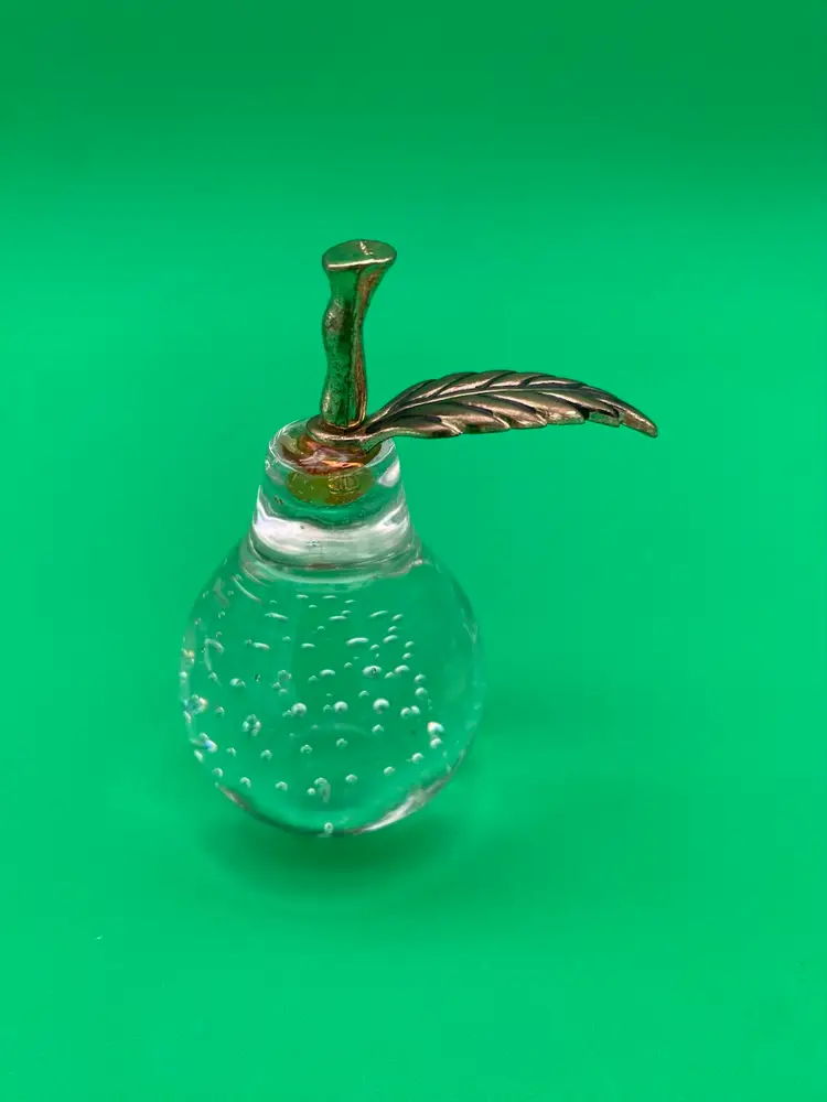 VTG Clear Glass Pear Shaped Paperweight w Controlled Bubbles & Brass Stem + Leaf