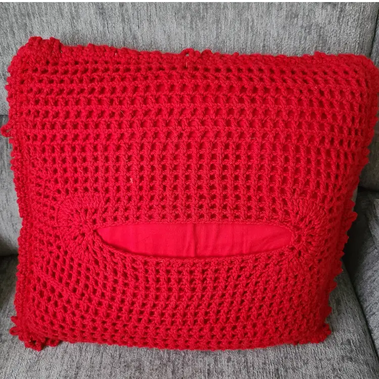 Vtg Hand Crocheted Grannycore Christmas Colors Flower Pillow Cover With Pillow 18" x 16" Sq