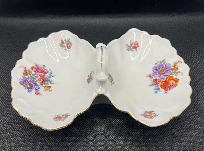 Antique Porcelain Floral Pattern Gold Trim Divided Nut Trinket Dish Made in Czechoslovakia