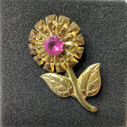 Vintage Late 1800s Early 1900s Flower Brass Brooch Pink Stone 2.5”