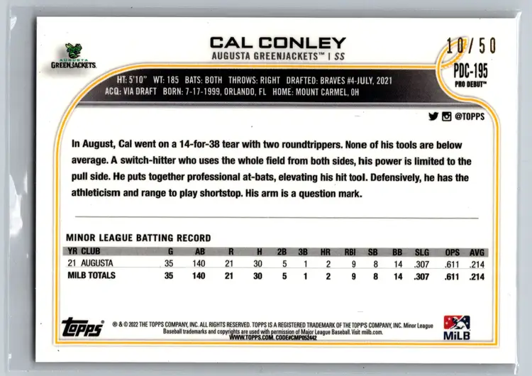Cal Conley 2022 Topps Chrome Pro Debut Gold /50 Augusta Green Jackets
