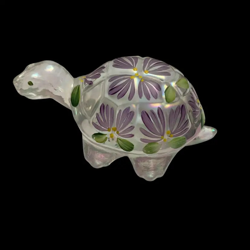 Fenton Crystal Carnival Glass HP By L Enoch Floral Turtle 2”x 4”