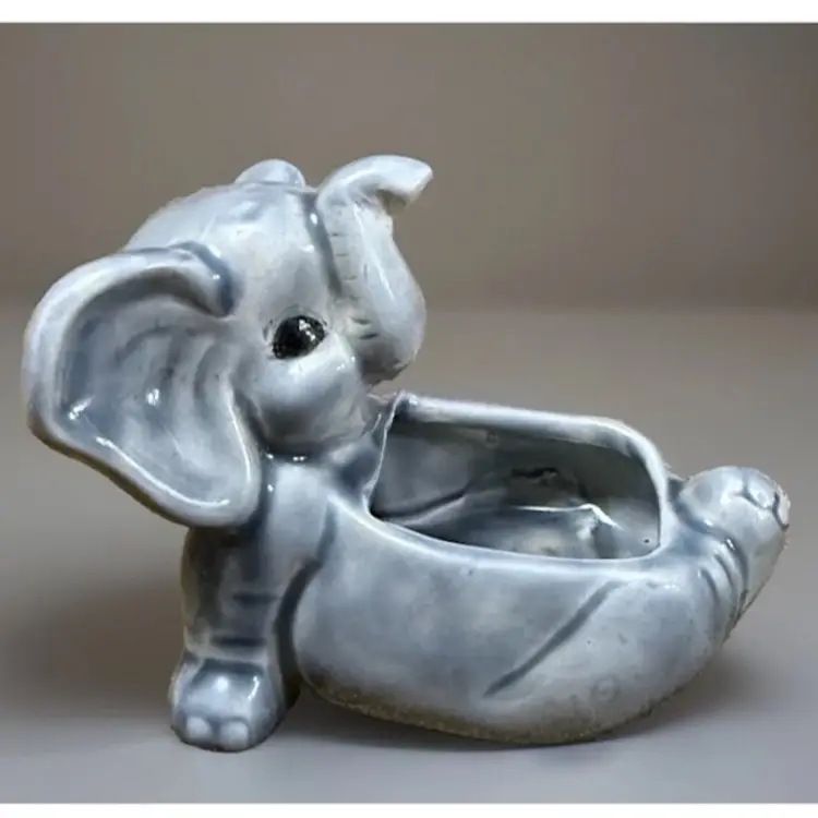 Vintage Cute Smiling Little Elephant Laying Back  Small Planter Or Trinket Dish