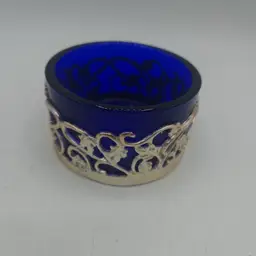 Vintage Cobalt Blue Glass Bowl with Silver Overlay 3.5" Wide