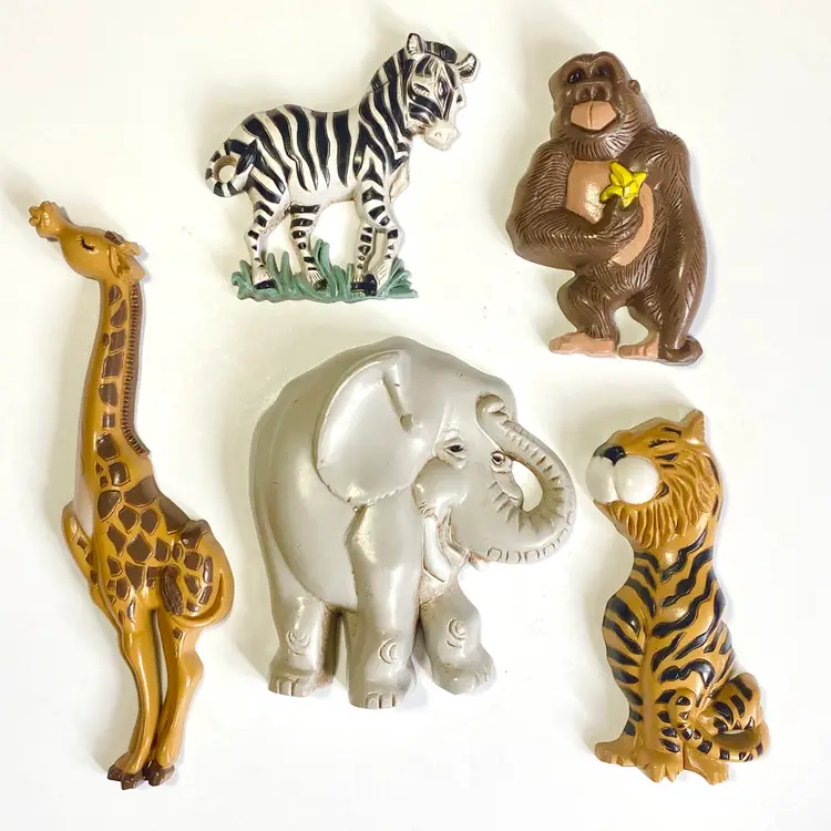 Vintage Burwood Zoo Animals 5pc Wall Decor Elephant Giraffe Gorilla Zebra Tiger