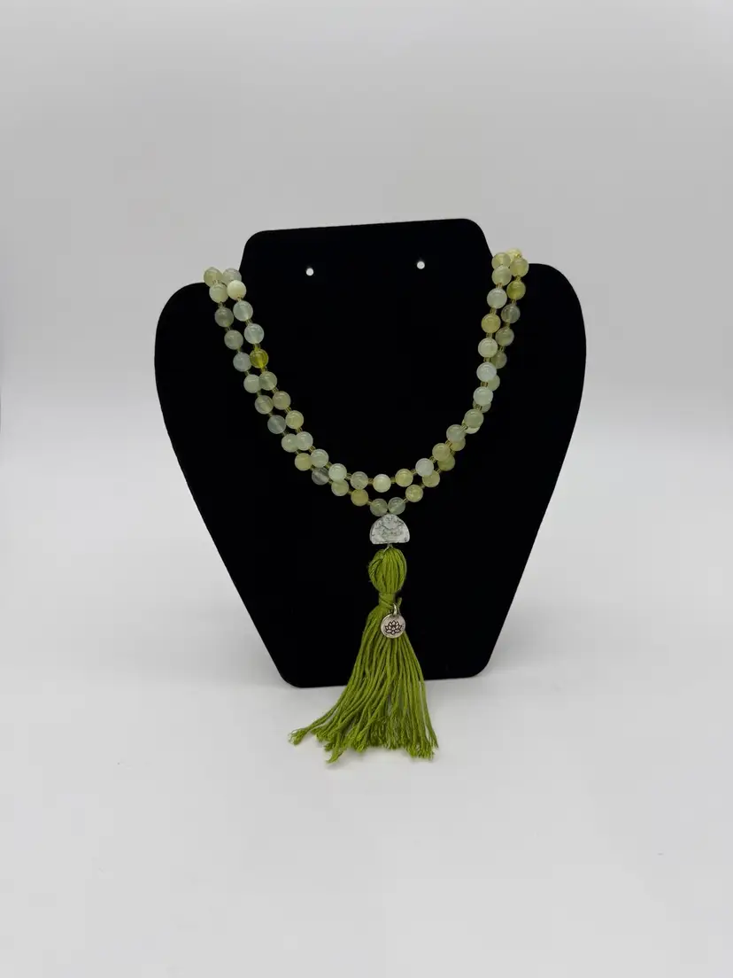 108 Green Lime Jade Beaded Tassel Male Necklace W/ Feng Shui Stone & Lotus Charm