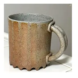 Ceramic Art Pottery Beige Grey Coffee Mug Signed 'Big Feeling' 4 in Height