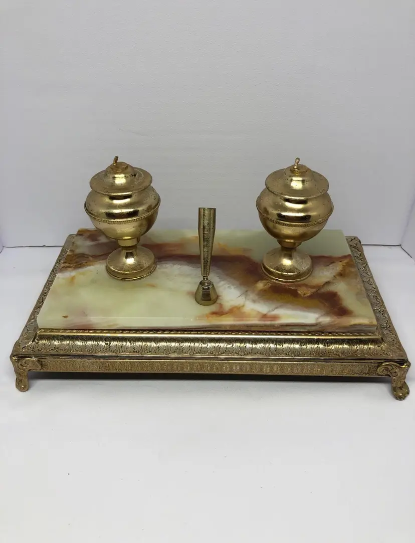 Antique Marble & Double Inkwell / Inkstand with Pen Holder