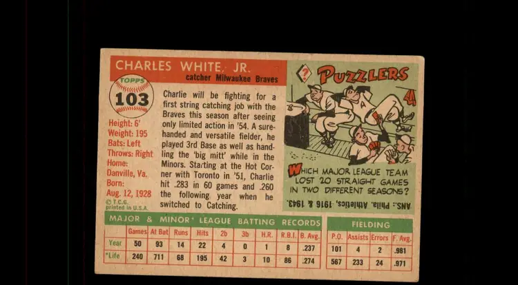 1955 Topps #103 Charlie White - (pk-tl1) - Milwaukee Braves