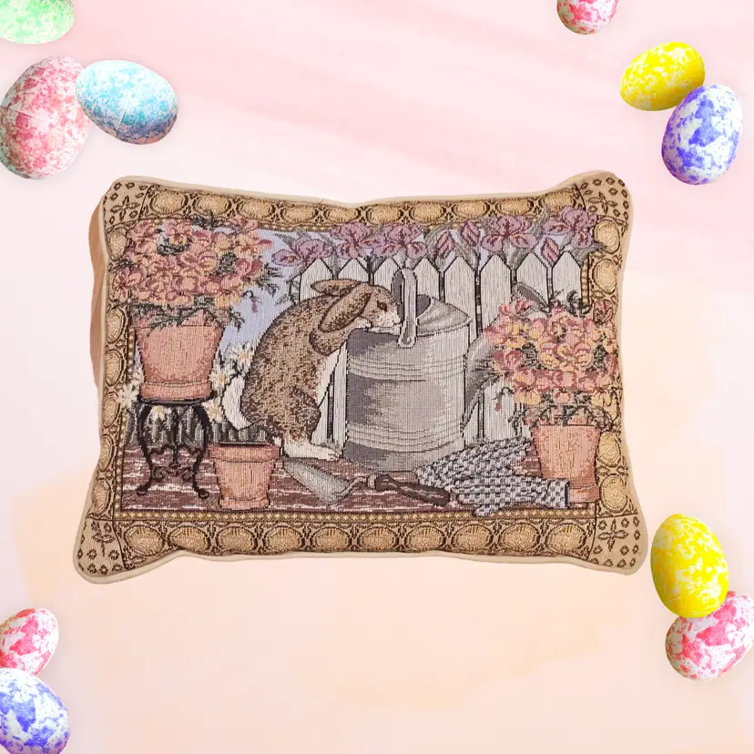 NeedlePoint Tapestry Throw Pillow Rabbit Bunny Garden Flowers VTG Beige 12x16” Easter