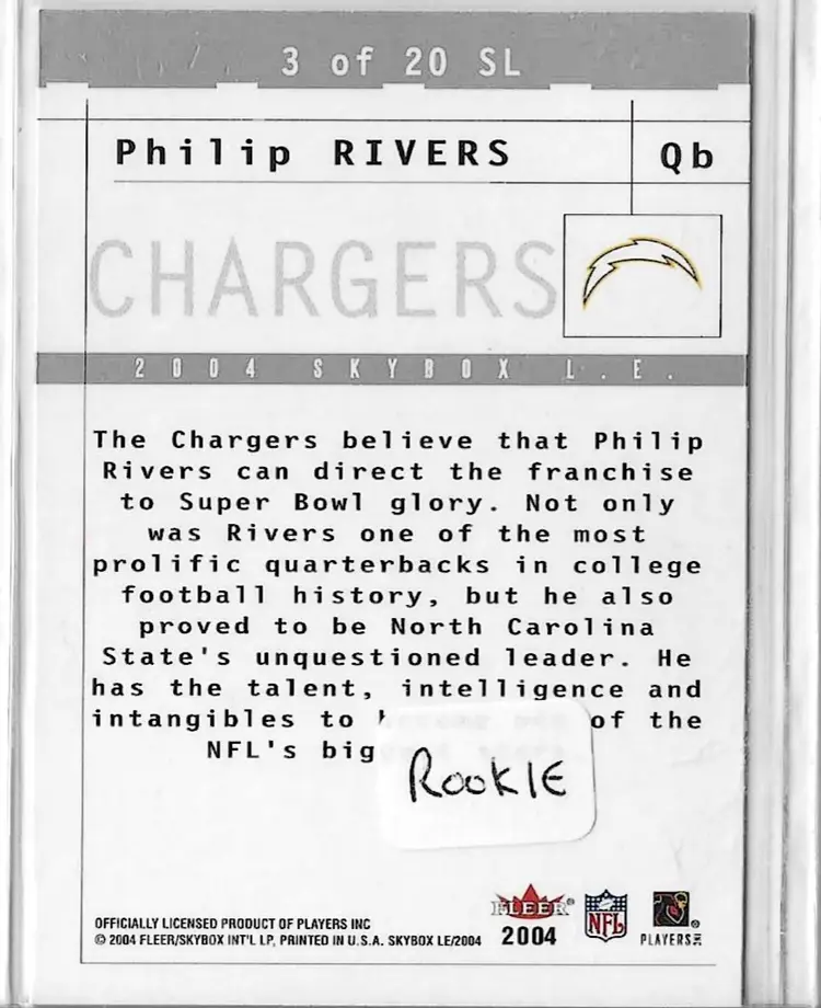 Philip Rivers 2004 Skybox LE Chargers Card - Sky's the Limit Rookie Card