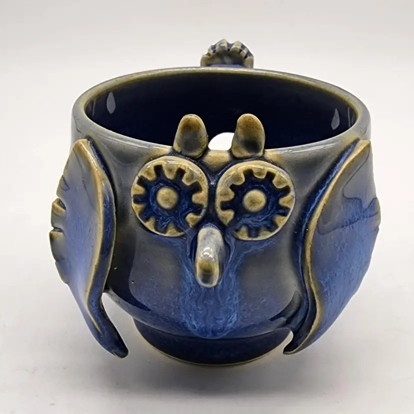 C B Pottery Handmade Blue Glaze Stoneware Owl Votive Candle Holder NWOT