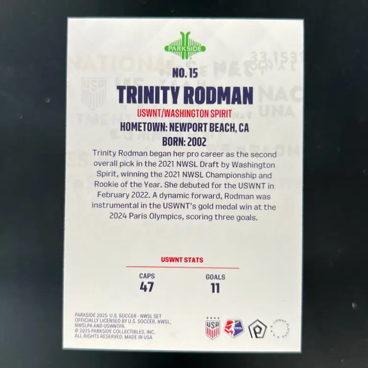 Trinity Rodman 2025 Parkside Club & Country Shimmer USWNT Soccer Card
