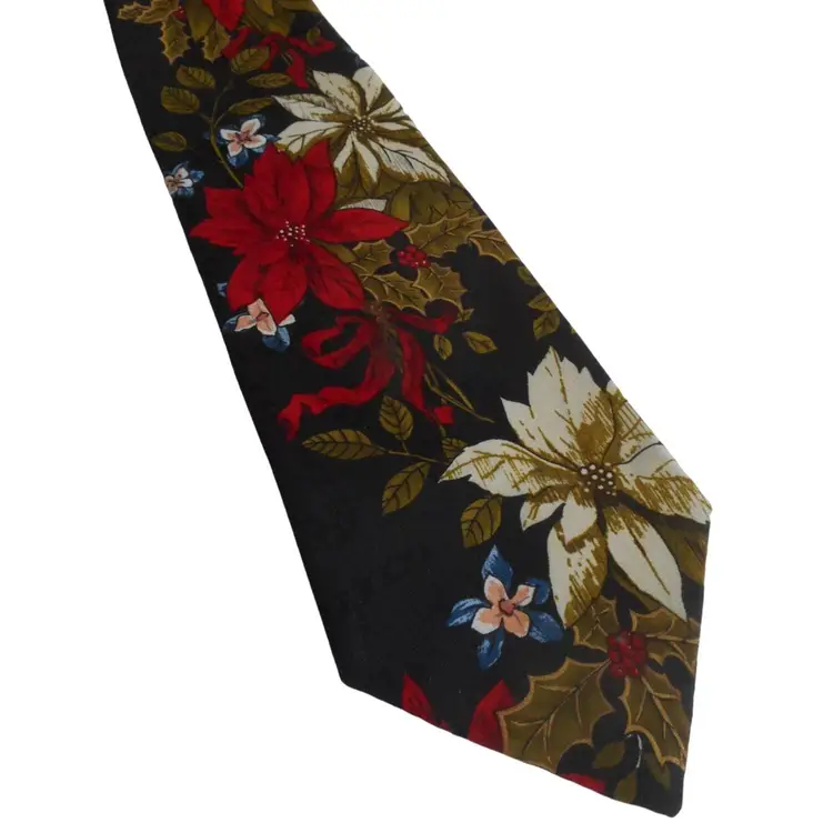Vintage Poinsettia White Red on black floral Holiday Winter tie necktie