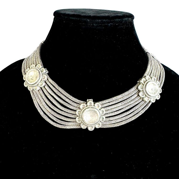 Vintage Sterling Silver Fine Mesh 8 Strand Etruscan Style Choker Necklace Turquoise